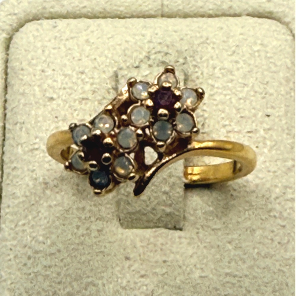 Vintage 18K HGE Gold Plated Flower Red Clear Rhinestone Cluster Ring 8